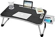 Callas Multipurpose Foldable Laptop Table with Cup Holder | Drawer | Mac Holder | Study Table, Breakfast Table, Foldable and Portable/Ergonomic & Rounded Edges/Non-Slip Legs (WA-27-Black) | Metal