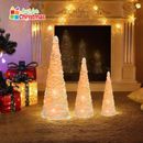Set of 3 LED Light-Up Christmas Glitter Tree Cones Tinsel Pyramids Snow Effect
