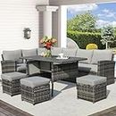 U-MAX 7 Pieces Rattan Garden Furniture Set,Patio Furniture with Table Stool,Garden Conservatory Furniture Grey Wicker with Grey Cushions