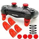 Asokex 2 Pairs PS4 L2 R2 Buttons Trigger Extenders with 4pcs Silicone Thumb Stick Grip Cover and 2 Pairs LED Light Bar Decal for Playstation 4 PS4 Slim PS4 Pro Red