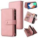 HonwYes Case Compatible Vivo Y11S Wallet Case with Wrist Strap—PU Leather Cover 15-Card Slots—Kickstand Zipper Magnetic Closure—Full Body Shockproof Pink|Tempered Film 2