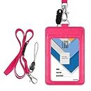 Badge Holder with Lanyard, Wisdompro 2-Sided PU Leather ID Card Holder with 1 ID Window, 1 Card Slot and 1 Piece 22 inches Polyester Detachable Neck Lanyard Strap - Hot Pink (Vertical)