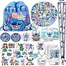 EMISOO Stitch Merchandise Stuff Gift Set for Girls, Stitch Anime Cartoon Drawstring Bag, Keychain Lanyard, Badge Card Holder, Bracelets, Necklace, Stickers, Button Pins, Temporary Tattoos, Black,