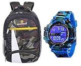 Good Friends Combo Pack of Waterproof Laptop College School Bag and Digital Watches for Boys (Military Blue)