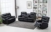 SofaHeaven Recliner Black Bonded Leather fabric 3+2+1 seater sofa set -Highback settee For Living Rooms-Cheap sofas and couches with cup holder-Roma
