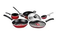 Pigeon by Stoverkraft Non-Stick Cookware Set of 7 Pc w/o Induction Base Includes Nonstick Tawa 23cm, Nonstick Fry Pan 24cm, Nonstick Kadhai with Stainless Steel Lid 24cm, Nonstick Sauce Red, Standard