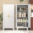 PAOFIN White Kitchen Storage Cabinet, Kitchen Pantry Storage Cabinet with Doors and Shelves, Storage Cabinet with Adjustable Leveling Foot for Kitchen, Living Room and Dinning Room. 61" H