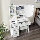 Vanity Desk with Mirror and Lights, White Vanity Set with Stool and Sliding Mirror, Dressing Table Makeup Vanity with Drawers and 3 Lighting Modes for Women, Girls (HJ07)
