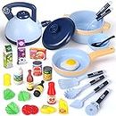 30 PCS Kids Kitchen Toy with Foods,Pretend Cooking Set for Children,Cookware Playset with Pots,Pans,Cooking Utensils and Food Accessories,Educational Gifts for Boys & Girls 3+ Age (Blue)