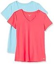 Amazon Essentials Women's Tech Stretch Short-Sleeve V-Neck T-Shirt (Available in Plus Size), Pack of 2, Neon Pink/Blue, Small