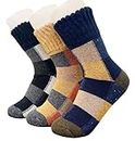 Alexvyan 3 Pair Men Checked Solid Soft & Woolen Cozy Knitted Winter Thick Warm Stretchy Elastic Socks (Without Thumb) for Boys Gents Man Male
