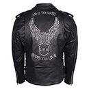 Men's Eagle Embossed Live To Ride - Ride To Live Classic Black Leather Motorcycle Biker Jacket, Black, X-Large
