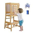 COSYLAND Toddler Tower Kitchen Step Stool - Strong and Light Weight with Abacus for Counting and Whiteboard for Drawing Multi-Function Step up Kitchen Nursery Helper Stand in Natural Bamboo