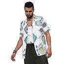 Campus Sutra Men's Chalk White Mesh Aztec Shirt for Casual Wear | Spread Collar | Short Sleeve | Button Closure | Shirt Crafted with Comfort Fit for Everyday Wear
