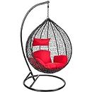 UNIFORT Polyester Designer One Seater Hanging Basket Swing Chair with Stand & Cushion for Outdoor Egg Swing Chair/Garden Swing, (Black Swing, Red Cushion)