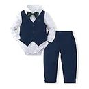 DISAUR Baby Boy Clothes Toddler Boy Outfits, 4PC Gentleman Dress Romper + Vest + Pants + Bow Tie Cotton Suit Set (Navy Blue, 6-9 Months)