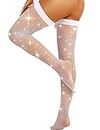 RSLOVE Fishnet Stockings for Women Thigh High Tights Rhinestone Sparkle Fishnets with Bow Lingerie Stockings White One Size