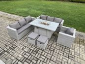 Fimous Outdoor Rattan Garden Furniture Set Patio Gas Fire Pit Dining Table Chair