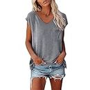 Women's Short Sleeve Basic T Shirts Summer Casual V Neck Solid Color Tops Loose Fit Tees Dressy Going Out Blouse Clothes B-131
