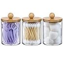 3 Pack Qtip Holder Dispenser with Bamboo Lids - 10 oz Clear Plastic Apothecary Jar Containers for Vanity Makeup Organizer Storage - Bathroom Accessories Set for Cotton Swab, Ball, Pads, Floss