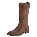 SheSole Fashion Western Country Cowgirl Cowboy Boots for Women Square Toe Mid Calf Faux Leather Embroidered Pull On Tabs Brown US Size 9