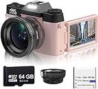 Acuvar 4K 48MP Digital Camera for Photography, Vlogging Camera for YouTube with 3.0’’ 180° Flip Screen, WiFi, 16X Digital Zoom, Wide Angle & Macro Lens, Rechargeable Battery, 64GB Micro SD Card Pink