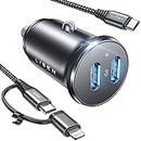 LISEN iPhone Car Charger for iPhone 15, 60W Dual USBC Car Charger iPhone Metal Apple Car Charger Mini Car Phone Charger with Type C to Type C/Lightning Cord for iPhone 15 Pro Max 14 Samsung Galaxy S23