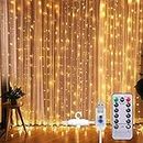 Curtian String Lights, HWZX 300 LED Window Curtain String Light with Remote Control Timer for Christmas Wedding Party Home Garden Bedroom Outdoor Indoor Decoration (Warm White)