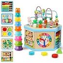 Jacootoys Wooden Activity Cube, 7-in-1 Wooden Activity Table Educational Centre Bead Maze Sorting Toy for Kids Babies Boys Girls