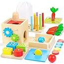 Kizfarm Wooden Montessori Baby Toys, 8-in-1 Wooden Play Kit Includes Object Permanent Box, Coin Box, Carrot Harvest, Shape Sorting & Stacking - Christmas Birthday Boys Girls Toddlers