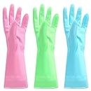 3Pairs Rubber Gloves Reusable Dishwashing Gloves Soft Waterproof Household Cleaning Gloves Non-Slip Kitchen Gloves for Dishwashing Laundry Cleaning-Pink, Green, Blue(Medium)