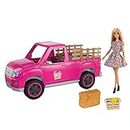 Barbie Bienvenue à la Ferme poupée Fermière et Son véhicule Pickup Rose, Accessoires Inclus, Jouet pour Enfant, GWW29