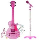 Kids 6 String Pink Electric Play Guitar & Microphone Set with Adjustable Stand Musical Toy, 8 Demo Songs