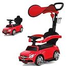 Costzon Push Car for Toddlers, 3 in 1 Mercedes Benz Stroller Sliding Walking Car w/Canopy, Handle, Safety Bar, Cup Holder, Music, Underneath Storage, Foot-to-Floor Ride On Toy for Boys & Girls, Red