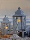 BANBERRY DESIGNS Beach Seaside Lighted Print with Lantern Pair - White Lantern Set on the Sandy Seashore - Seashells and Starfish - Ocean Sea Coast Wall Art - Battery Operated