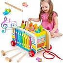 Sundaymot Xilofono, giocattolo da traino e gioco da pesca 4 in 1, giocattolo in legno, giocattolo educativo per bambini, giocattolo Montessori a partire da 1 2 3 4 anni (HPT-4in1)
