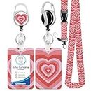HAKUNEI Cute Pink Love Heart Lanyards for ID Badge Holder and Retractable Badge Reel Clip Aesthetic Girls Women Preppy Lanyards ID Holder with Retractable Reel for Keys Lanyard for Work School Office