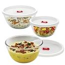 Borosil Glass Serving & Mixing Bowls With Lids, Oven & Microwave Safe Bowls, Set of 3 (500 ml + 900 ml + 1.3 L), Borosilicate Glass, Clear