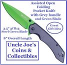 Assisted Open Folding Pocket Knife Grey handle and Green Blade Every Day Carry