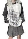 Y2k Aesthetic Detachable Sleeve T-Shirt Women Kawaii Cat Girl Anime Print Cute Sweatshirts Fairycore Streetwear (Medium,Grey)