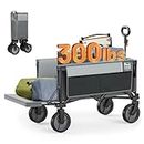 TIMBER RIDGE Collapsible Folding Wagon Cart with Tailgate, 300lbs Heavy Duty Foldable Utility Wagon with Adjustable Handle, 200L Capacity Portable Cart for Outdoor Camping Sports Shopping, Gray