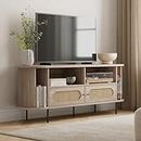 Oval Rattan TV Stand - Media Console - 63" TV Entertainment Center with Storage - Console Table for Living Room and Bedrooms - Supports 32 to 65" TVs - Soft-Close Cabinet Doors (Light Oak)