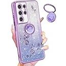Coralogo (3in1 for Samsung Galaxy S21 Ultra Case Glitter Sparkly for Women Girls Sparkle Girly Bling Shiny Cover Cute Flowers Floral Design with Ring Pretty Purple Cases for Galaxy S21 Ultra 5G 6.8''