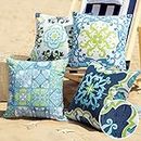 Phantoscope Set of 4 Outdoor Waterproof Throw Pillow Covers,Geometric, Decorative Boho Farmhouse Outdoor Pillows Cushion Case for Home Patio Furnitures Tent Sunbrella, Blue and Green 18x18 Inches