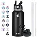 Elvira 32oz Vacuum Insulated Stainless Steel Water Bottle with Straw & Spout Lids, Double Wall Sweat-Proof BPA Free to Keep Beverages Cold for 24Hrs or Hot for 12Hrs-Black