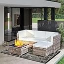 Aweather Rattan Garden Furniture Set with Fire Pit Table 5 Pieces Outdoor Sectional Sofa Set, CSA Certification, All Weather Wicker Patio Conversation Sets for Garden, Poolside, Backyard