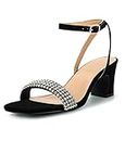 FS FIGASHURE Rhinestone Top Black Silver Heels for Women Chunky Heels Dress Shoes, 2 inch Heels, Zapatos De Mujer De Vestir Elegantes, Sandals, Black, 11