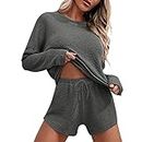 LCMTWX Gym Sets Womens Knitted Pajamas Suit Long Sleeved Top And Shorts With Casual Wear Suit Casual Wear Cute Clothes, 4-grey, Medium