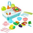 deAO 28-teiliges Spielset für die Küchenspüle, inklusive Schneidspielzeug, Küchenutensilien, Wasserhahn und Abfluss, ideal für Kinder