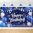 Navy Blue and Silver Happy Birthday Backdrop Banner, Navy Blue Birthday Party Decoration Banner,Large Blue Birthday Banner Photography Background Party Decoration for Men Boys Women 70.8x43.3Inch